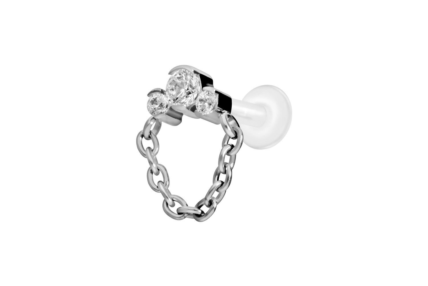 PTFE Labret Piercing mit Innengewinde + Titan-Aufsatz 3 EINGEFASSTE KRISTALLE + KETTE